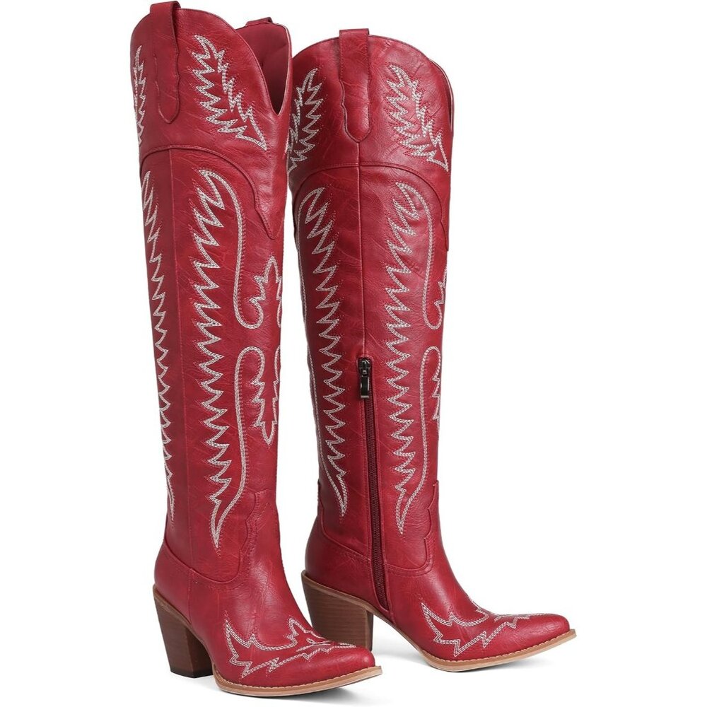 Women Over The Knee Western Boots Classic Embroidered Chunky Heel Slip On Red - Picture 6 of 6
